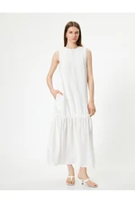 Koton Sleeveless Viscose Long Dress, Lined, Ruffled Hem, Crew Neck