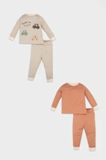 DEFACTO Baby Boy 4-Piece Pajama Set Vehicle Printed Combed Cotton Long Sleeve Top Elastic Waist Long Bottom