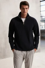 GRIMELANGE Hayes Men's Fleece Half Zipper Thick Textured Comfort Fit Navy Blue Fleece with Leather Accessories