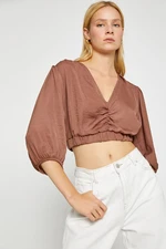 Koton V Neck Balloon Sleeve Crop Blouse Satin Look