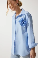 Happiness İstanbul Women's Sky Blue Premium Flower Brooch Detailed Shirt