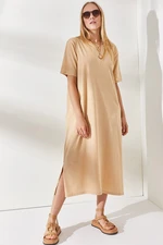 Olalook Women's Beige Side Slit Oversize Cotton Dress