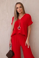 Women's summer set with necklace, blouse + trousers - red