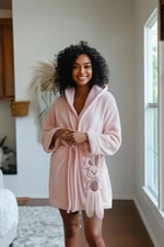 Trendyol Light Pink Belted Animal Figure Hooded Wellsoft Winter Knitted Dressing Gown