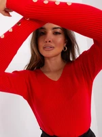 Red women's classic sweater with buttons