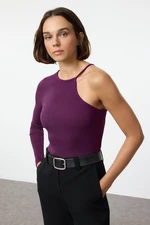 Trendyol Plum Corded Fitted Crew Neck Single Sleeve Stretchy Knitted Blouse