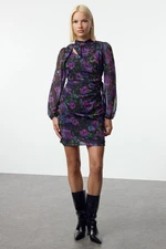 Trendyol Purple Floral Fitted/Fits Body Standing Neck Mini Lined Chiffon Woven Winter Dress