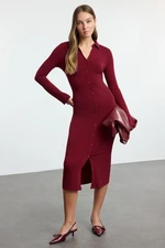 Trendyol Claret Red Plain Maxi Polo Neck Fitted/Fits the Body Plain Maxi Flexible Knit Dress