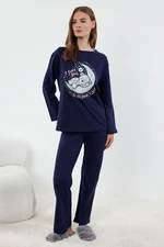 Trendyol Navy Blue 100% Cotton Teddy Bear and Galaxy Printed Knitted Pajama Set