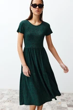 Trendyol Dark Green Polka Dot Midi Printed Skater/Waist Open Stretch Knit Dress