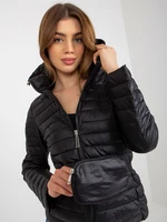 Black transitional quilted jacket with bag and hood