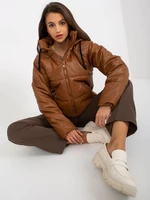 Light brown down jacket in faux leather with hood