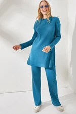 Olalook Women's Indigo Top, Slit Blouse Bottom Palazzo Corduroy Suit