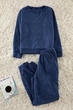 Trendyol Navy Blue Polka Dot Fleece Winter Knitted Pajamas Set