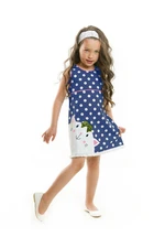 Denokids Cat and Polka Dot Girl's Navy Blue Summer Poplin Dress