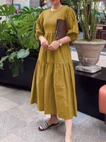 Women Solid Color Puff Sleeve Ruffles Hem Tiered Dress 3/4 Sleeve Bohemian Maxi Dress