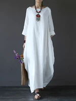 Women 100% Cotton Solid Baggy Pockets Summer Maxi Dress