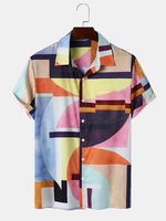 Mens Geometric Print Chest Pocket Short Sleeve Lapel Shirts