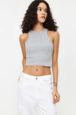 Trendyol sivý melírovaný crop top s priliehavým strihom, barbellovým golierom, bavlnený, flexibilný pletený tank top