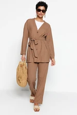 Trendyol Beige Belted Oversize Ribbed Knit Tunic-Pants Set