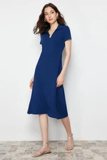 Trendyol Navy Blue Polo Neck Skater/Waist Opened Cotton Stretchy Knitted Midi Dress