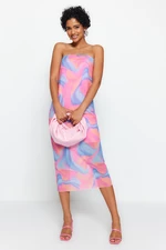 Trendyol Multi-Color Printed Tulle Lined Shift/Straight Strapless Midi Stretchy Knitted Pencil Dress