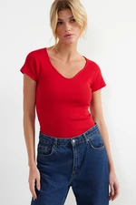 Trendyol Red Fitted Ribbed Cotton Stretch Knit Blouse