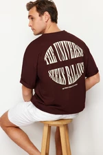 Trendyol Dark Brown Oversize Fluffy Text Printed 100% Cotton T-Shirt