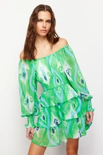 Trendyol Green Floral Skater Madonna Neck Chiffon Lined Mini Woven Dress