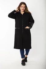 Şans Women's Plus Size Black Front Zippered Hooded Unlined Faux Leather Garnish Coat