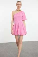 Trendyol Pink A-Line One Shoulder Balloon Skirt Detailed Woven Poplin Short Dress