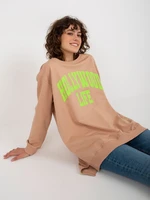 Beige and green oversize long sweatshirt with inscription