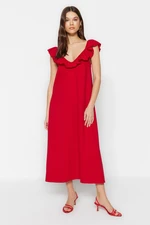 Trendyol Burgundy Ruffle Collar Detailed Pool Neck Midi Knitted Dress