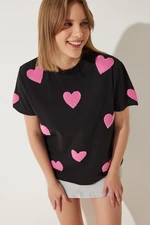 Happiness İstanbul Women's Black Textured Heart Oversize Knitted T-Shirt