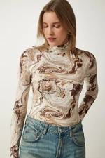 Happiness İstanbul Women's Brown Patterned Soft Textured Knitted Blouse