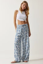 Happiness İstanbul Women's White Light Blue Patterned Raw Linen Palazzo Trousers