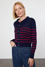 Trendyol Navy Blue Polo Neck Striped Knitwear Cardigan