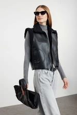 Trendyol Black Regular Fit Faux Leather Plush Detailed Winter Vest