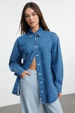 Trendyol Blue Pearl Jewelled Denim Shirt