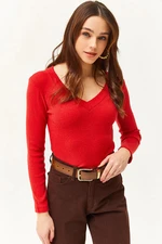 Olalook Women's Red Thick Band V-Neck Raising Blouse