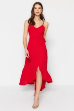 Trendyol Red Belted A-Cut Flounced Button Detailed Woven Maxi Dress