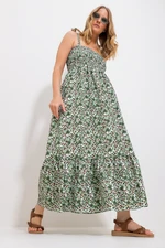 Trend Alaçatı Stili Women's Almond Green Strap Skirt Flounce Floral Patterned Gimped Woven Dress