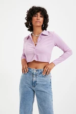 Trendyol Lilac Button Fitted Polo Neck Wrap/Textured Crop Knitted Blouse