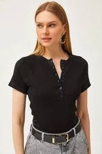 Olalook Women's Black Buttoned Raglan Sleeve Short Sleeve Blouse