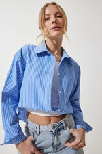 Happiness İstanbul Women's Sky Blue Blouse Detailed Crop Shirt