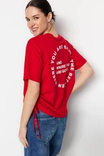 Trendyol Red 100% Cotton Back Printed Gathered Detailed Oversize Fit Crew Neck T-Shirt