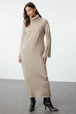 Trendyol Light Brown Turtleneck Long Soft Textured Knitwear Dress