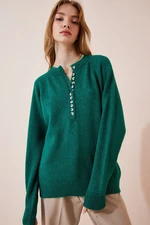 Happiness İstanbul Women's Dark Green Buttoned Collar Knitwear Sweater