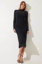 Happiness İstanbul Women's Black Stand Collar Stylish Lace Dress