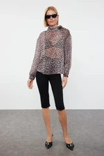 Trendyol Brown Leopard Patterned Chiffon High Collar Woven Blouse